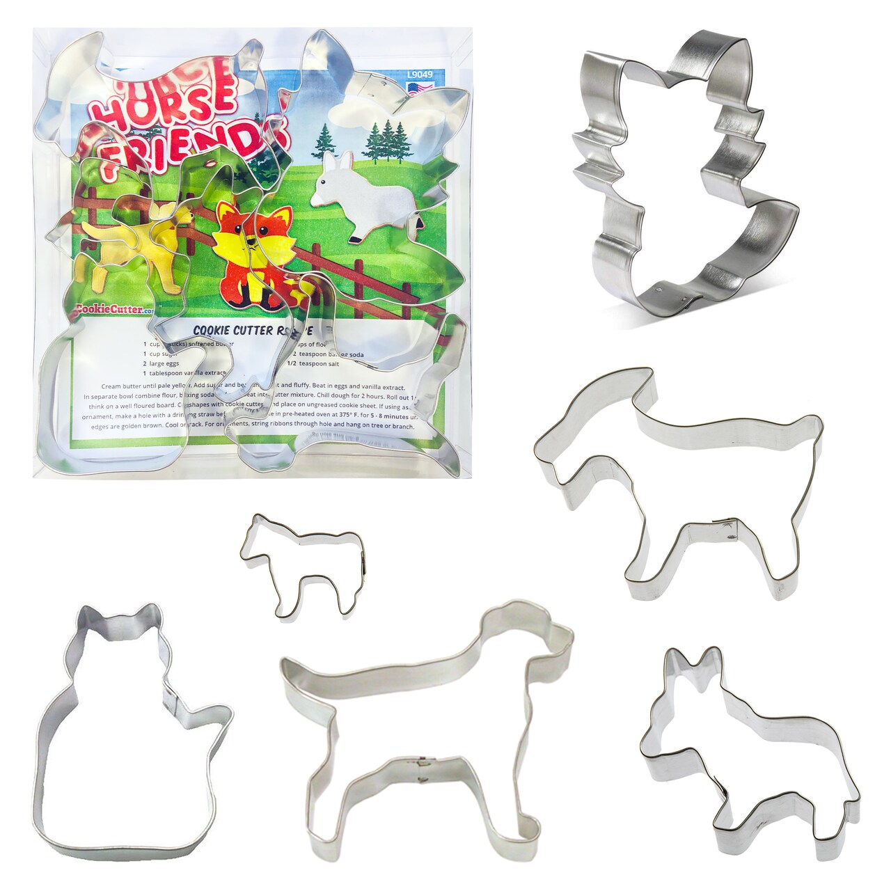 CookieCutter.com 6 Piece Horse Friends Cookie Cutter Set Goat, Mini Horse, Cat, Labrador Retriever Dog, Fox, Donkey, Metal Shapes Made in USA, Silver